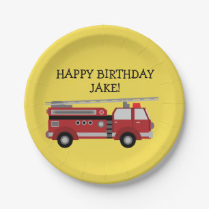 Personalized Yellow Red Firetruck Birthday Party Paper Plate