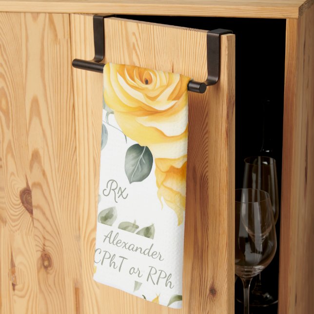 Personalized Yellow Rose & RX Pharmacy Kitchen Towel (Thirds Fold)
