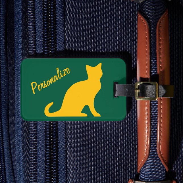 Personalized yellow sitting cat silhouette travel luggage tag (Front Insitu 4)