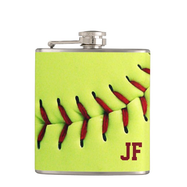 Personalized yellow softball ball hip flask (Front)