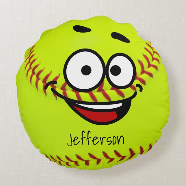 Personalized Yellow Softball funny face Round Pillow (Back)