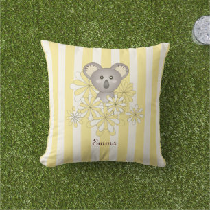 Personalized Yellow Stripe Baby Koala Bear Kids Outdoor Pillow