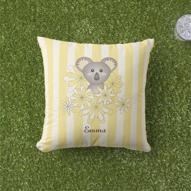 Personalized Yellow Stripe Baby Koala Bear Kids Outdoor Pillow (Grass)