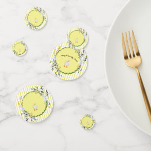 personalized yellow stripe duckling birthday plate confetti