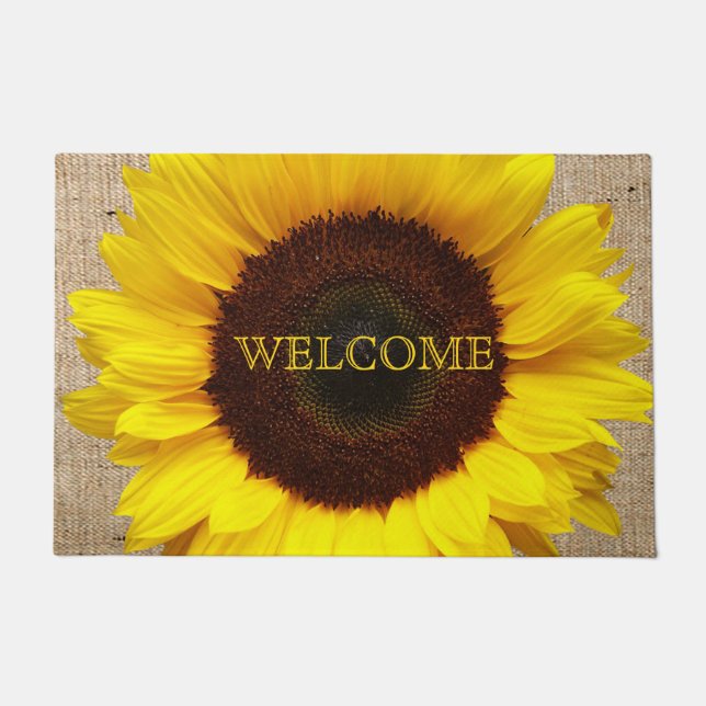 Personalized Yellow Sunflower Faux Burlap Doormat (Front)