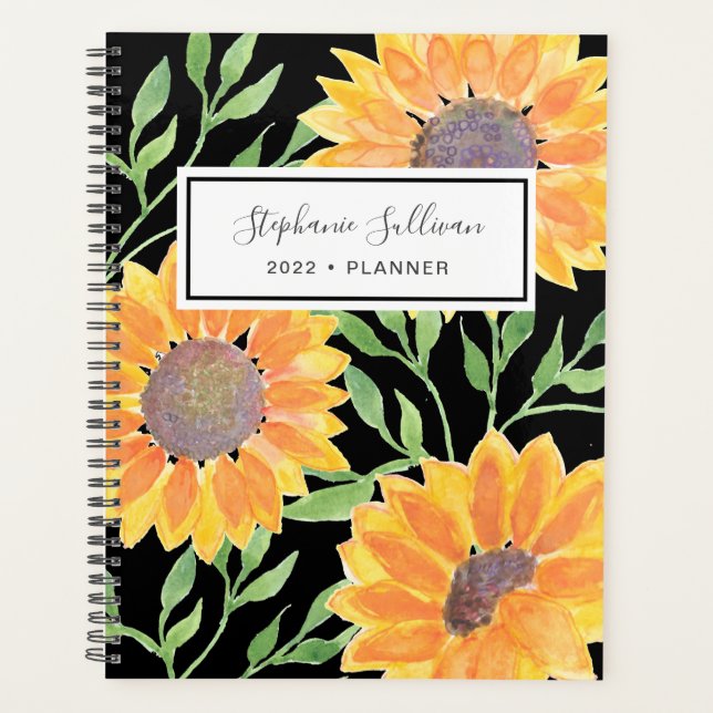 Personalized Yellow Sunflowers Black Planner (Front)
