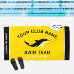 Personalized Yellow Swim Team Swimmer Name Beach Towel<br><div class="desc">Personalized swim team pool towel design for swimmers features custom text for the swimmer's first and last name, swim team club name, and mascot or other text. Add your team logo to the dolphin placeholder image. The colour scheme of bright yellow, black and white can be modified to coordinate with...</div>