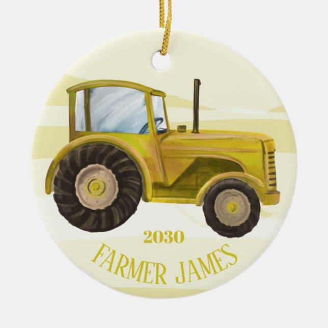 Personalized Yellow Tractor Christmas Ornament (Front)