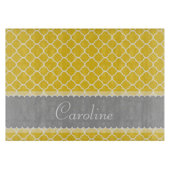 Personalized Yellow White Grey Quatrefoil Pattern Cutting Board (Front)
