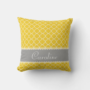 Personalized Yellow White Grey Quatrefoil Pattern Throw Pillow