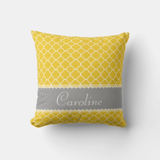 Personalized Yellow White Grey Quatrefoil  Pattern Throw Pillow (Front)