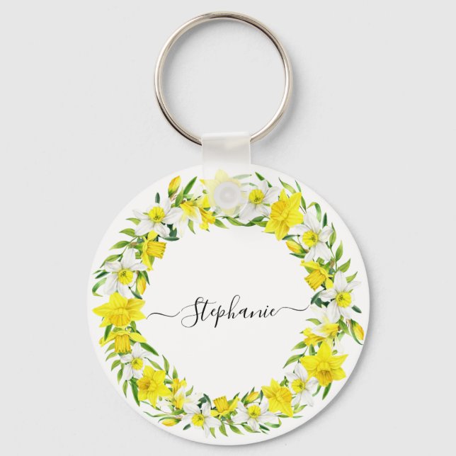 Personalized Yellow White Spring Daffodils Garland Keychain (Front)