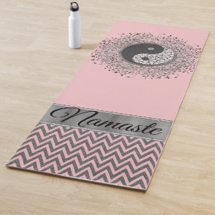 Personalized Yin Yang Chevron Pink Silver Glitter Yoga Mat