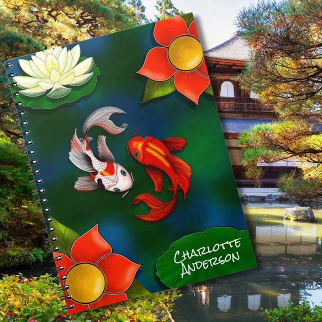 Personalized Yin Yang Koi Fish White Lotus Pond Notebook (Creator Uploaded)