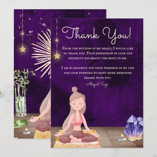 Personalized Yoga Girl Meditation and Crystals Thank You Card (Front/Back)