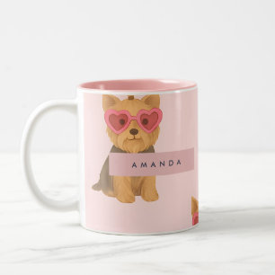 Personalized Yorkie Dog with Heart Sunglasses Two-Tone Coffee Mug