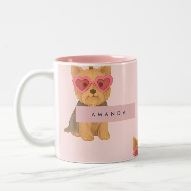 Personalized Yorkie Dog with Heart Sunglasses Two-Tone Coffee Mug (Left)