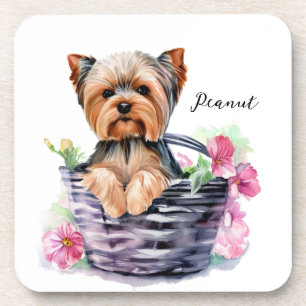 Personalized Yorkie in the Basket Watercolor Art Coaster