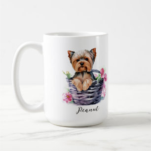 Personalized Yorkie in the Basket Watercolor Art Coffee Mug