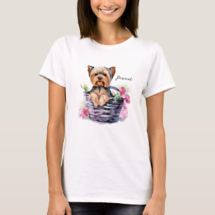 Personalized Yorkie in the Basket Watercolor Art T-Shirt