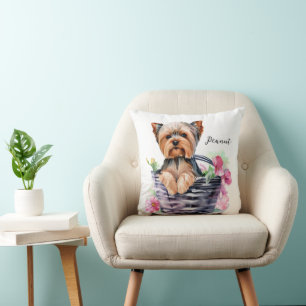 Personalized Yorkie in the Basket Watercolor Art Throw Pillow