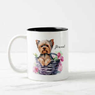 Personalized Yorkie in the Basket Watercolor Art Two-Tone Coffee Mug