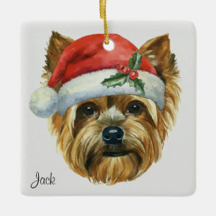 Personalized Yorkshire Dog Wearing a Santa Hat Ceramic Ornament