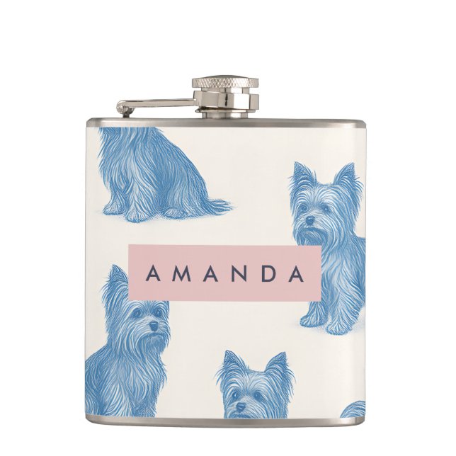 Personalized Yorkshire Terrier Blue Name Gift Cute Hip Flask (Front)