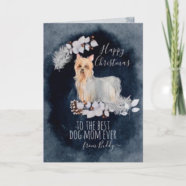 Personalized Yorkshire Terrier Mom Christmas Holiday Card (Front)