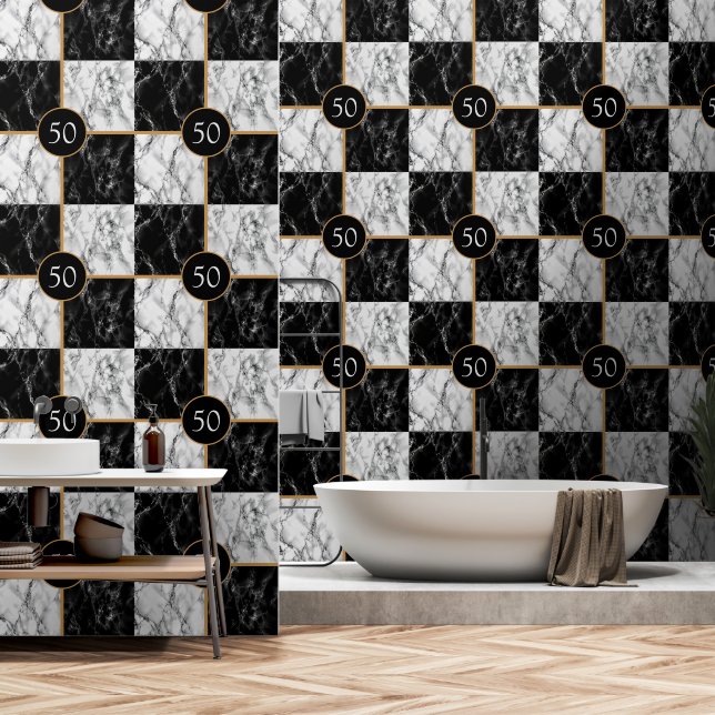 Personalized Your Design Black White Check Marble Wallpaper (Bathroom)