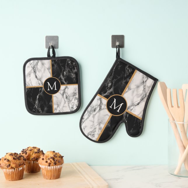 Personalized Your Letter Black White Check Marble Oven Mitt & Pot Holder Set (Insitu(Hanging))