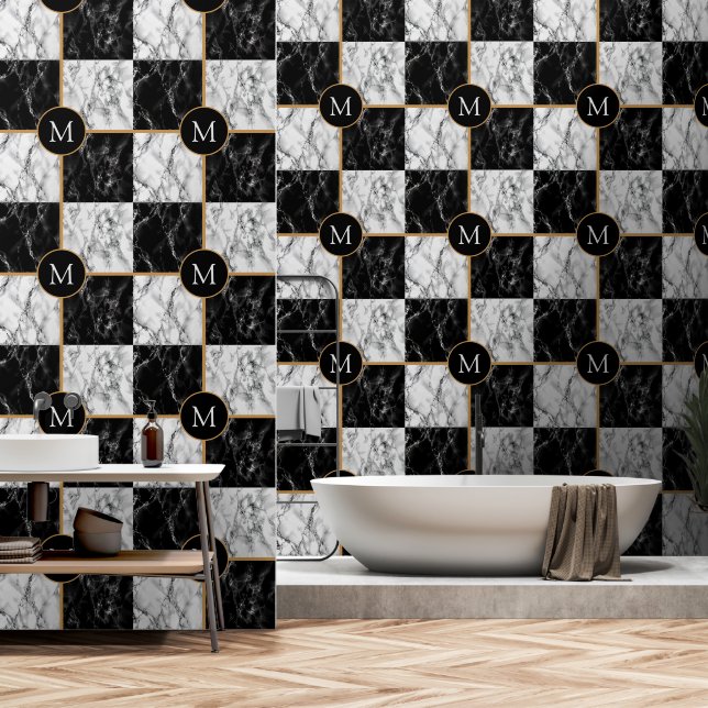 Personalized Your Letter Black White Check Marble Wallpaper (Bathroom)