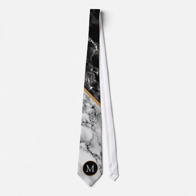 Personalized Your Letter Black White Marble Tie (Front)