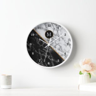 Personalized Your Letter Clock Black White Marble