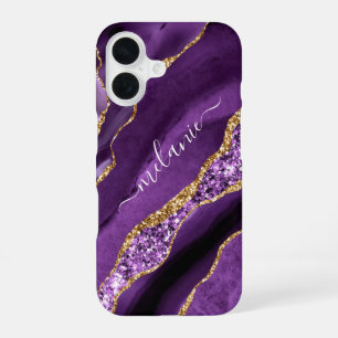 Personalized Your Name Purple Gold Glitter Marble iPhone 16 Case