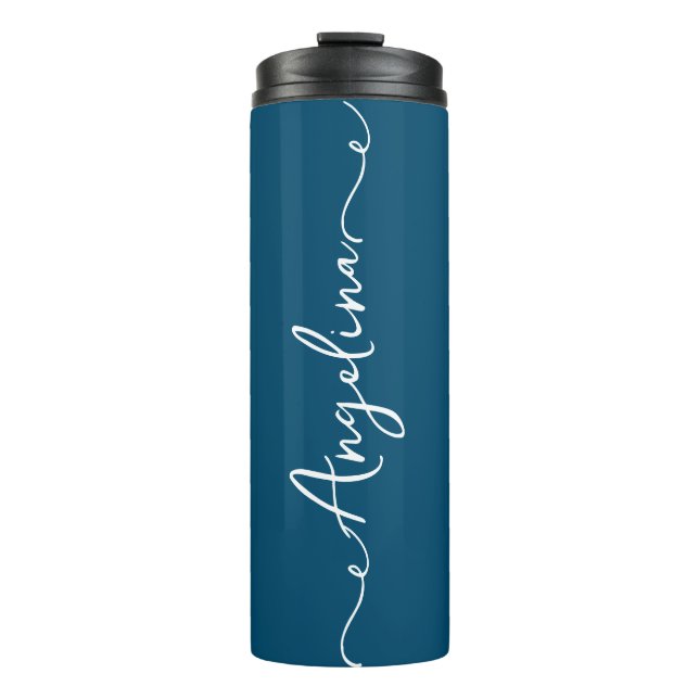 Personalized Your Name Script Navy Wedding Thermal Tumbler (Front)