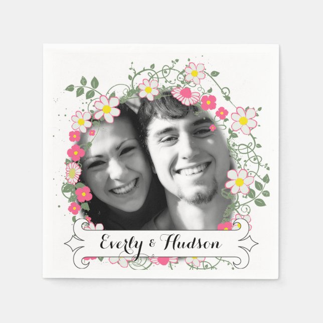 Personalized Your Photo Garland Floral Wedding Napkin (Front)