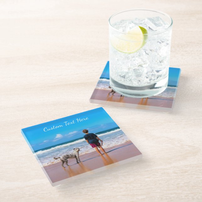 Personalized Your Photo Glass Coaster Custom Text (Angled)