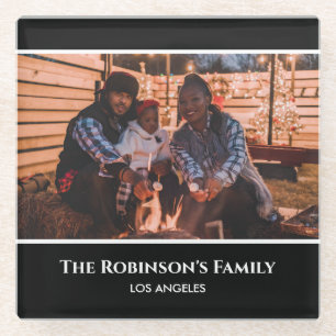 Personalized Your Photo in Black Frame with Texts Glass Coaster