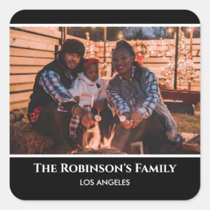 Personalized Your Photo in Black Frame with Texts Square Sticker