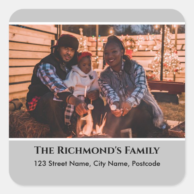 Personalized Your Photo in Grey Frame with Address Square Sticker (Front)