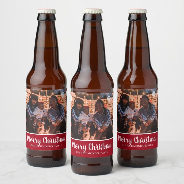 Personalized Your Photo in Red Frame Snowflakes Beer Bottle Label (Bottles)