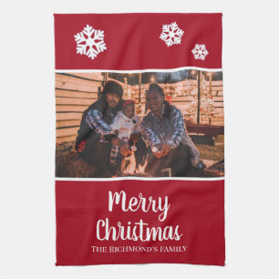 Personalized Your Photo in Red Frame Snowflakes Kitchen Towel