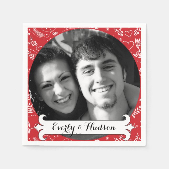 Personalized Your Photo Red Garland Floral Wedding Napkin (Front)