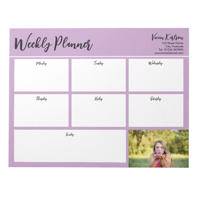 Personalized Your Photo Weekly Planner Lavender Notepad (Front)