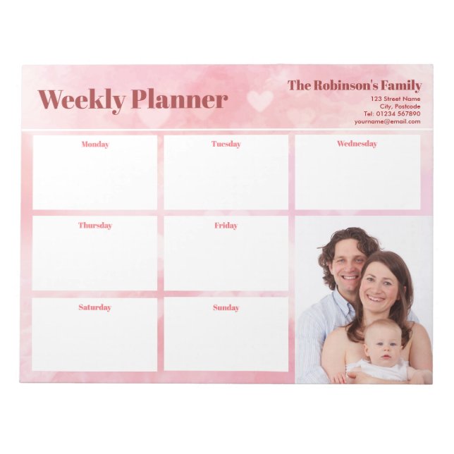 Personalized Your Photo Weekly Planner Pink Hearts Notepad (Front)