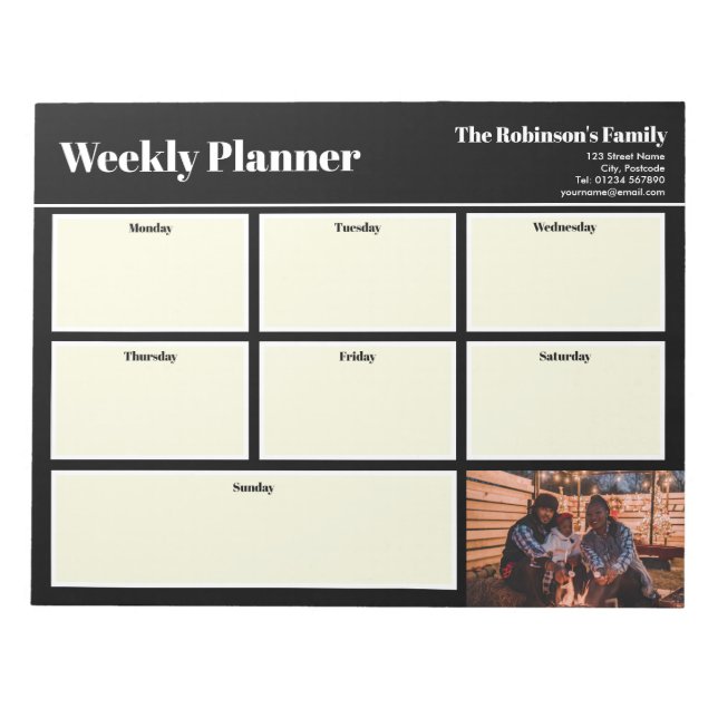 Personalized Your Photo Weekly Planner Plain Black Notepad (Front)