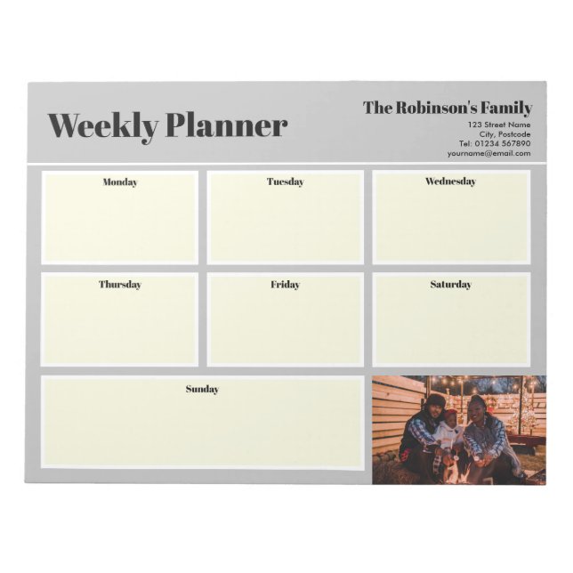Personalized Your Photo Weekly Planner Plain Grey Notepad (Front)