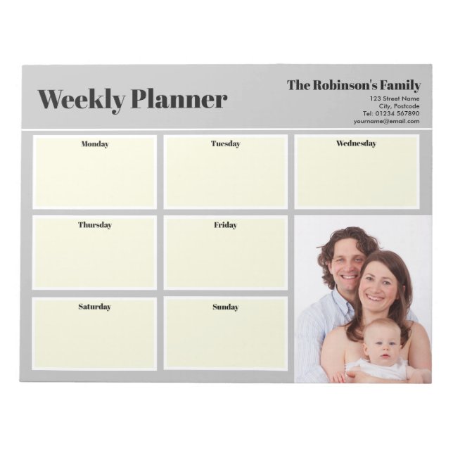 Personalized Your Photo Weekly Planner Plain Grey  Notepad (Front)