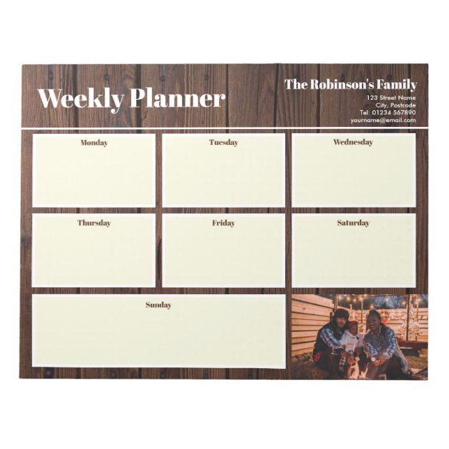 Personalized Your Photo Weekly Planner Rustic Wood Notepad (Front)